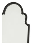  full-length mirror features a slim, glossy black lacquered frame, which is crafted into a rounded, arched shape 